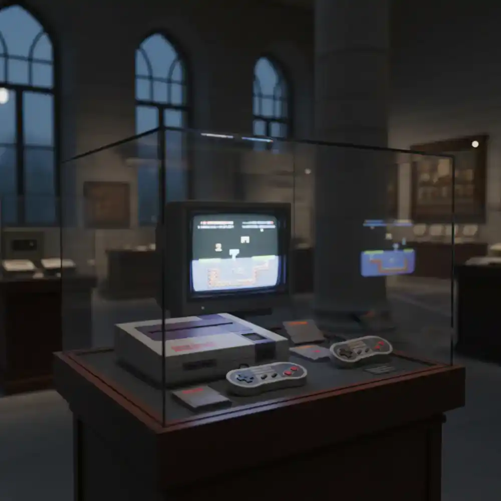 Klassieke 16-bit spelcomputer in een museum setting