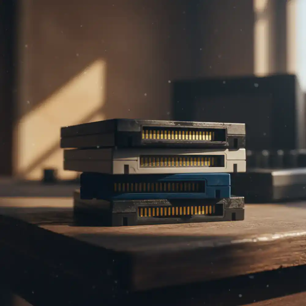Een stapel klassieke fysieke cartridges met gouden contactpunten